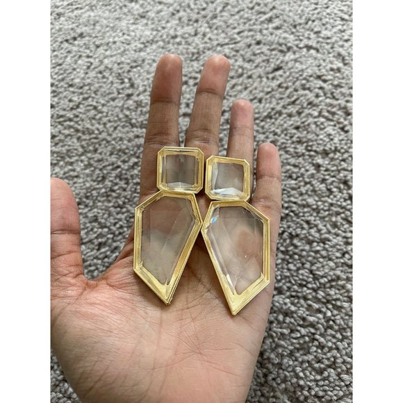 Large Gold clear earring chunky white acrylic crystal bold 3.75” - Picture 4 of 9